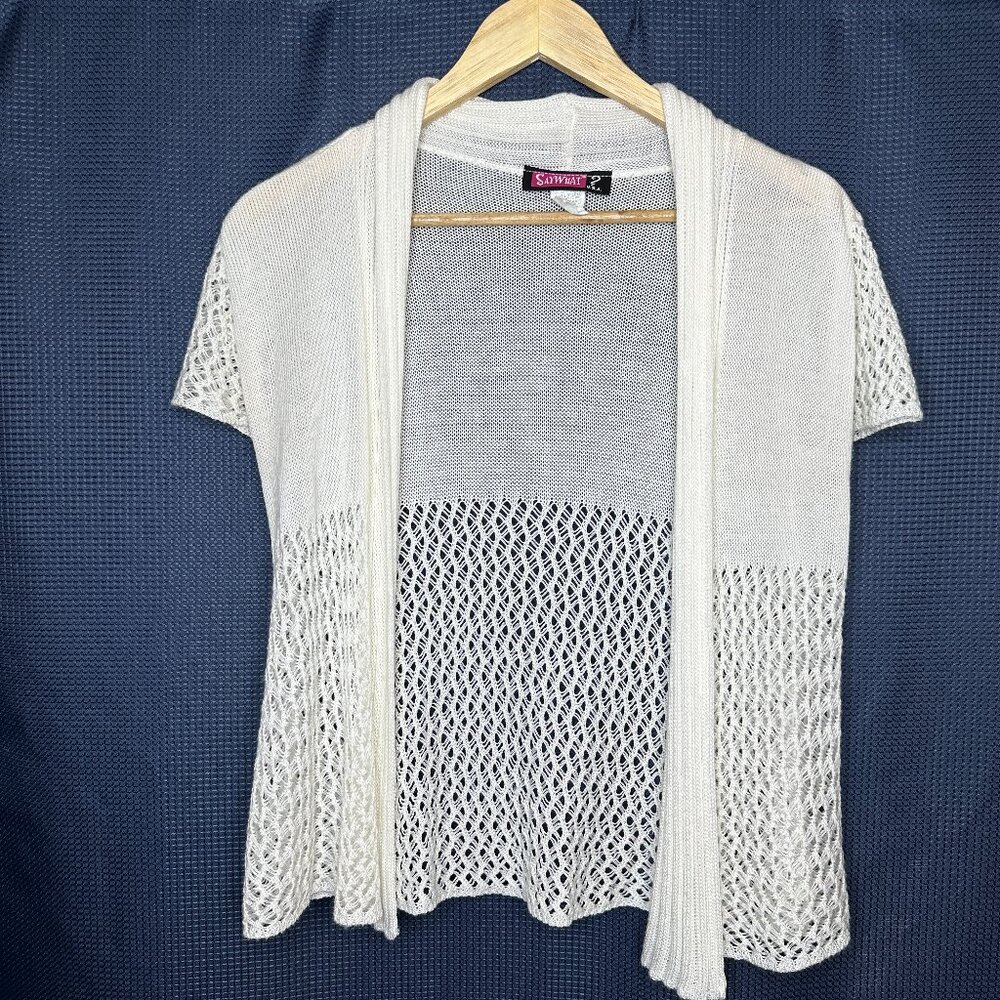 Vintage‎ Say What? USA Open Knit Cream Cardigan Short Sleeve, Small  Boho Indie